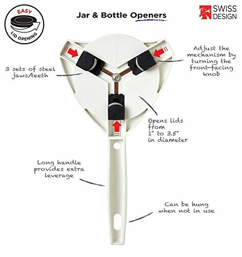 Jar and bottle opener with adjustable mechanism and long handle.