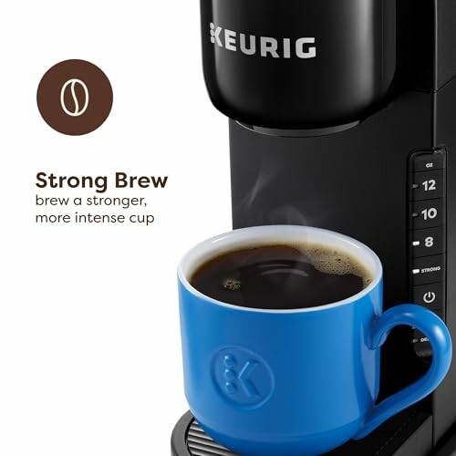 Keurig coffee maker with a blue mug and strong brew option.