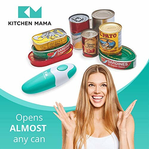 Kitchen Mama can opener with various canned goods.