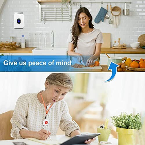 Two women using a safety device in a kitchen setting.