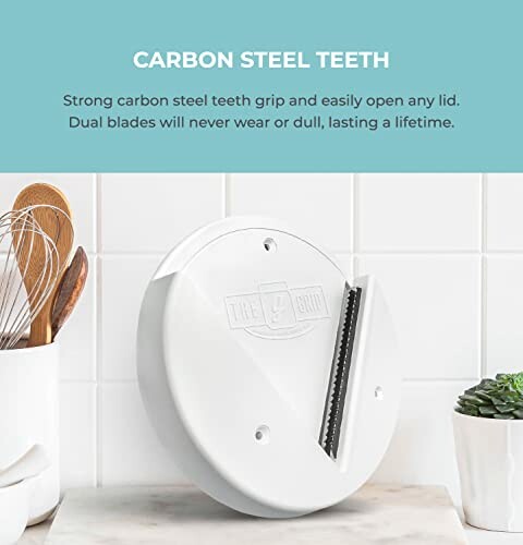 Lid opener with carbon steel teeth on kitchen counter.