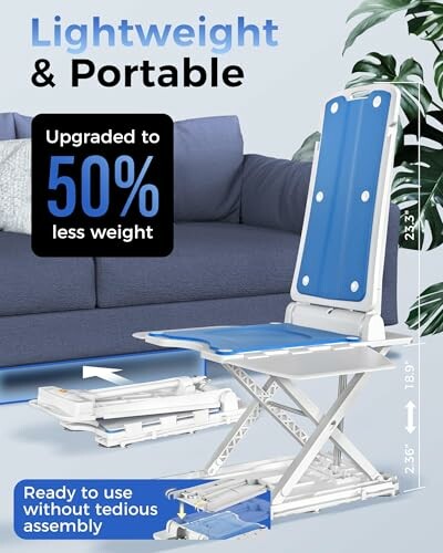 Lightweight and portable lift chair with 50% less weight, ready to use without assembly.