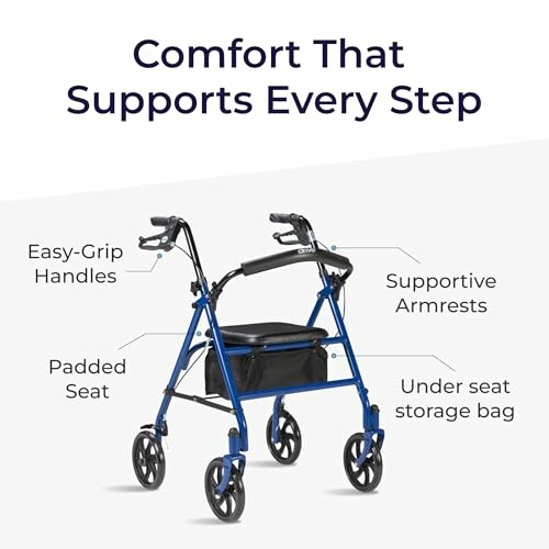 Blue rollator walker with easy-grip handles, padded seat, supportive armrests, and under seat storage bag.