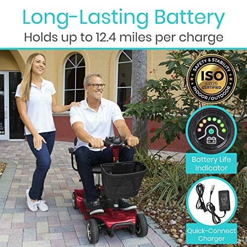 Man on red mobility scooter with long-lasting battery, ISO certified, and quick-connect charger.