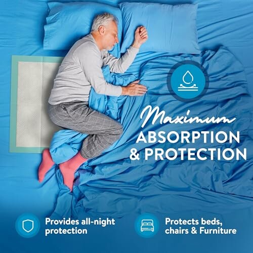 Man sleeping on a blue bed with a protection pad, highlighting absorption and protection features.