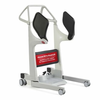 Manual sit-to-stand lift with padded support and wheels.