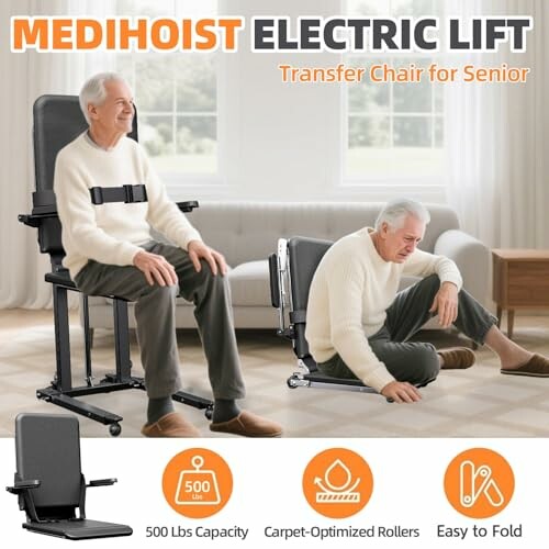 Medichoist electric lift transfer chair for seniors with adjustable seat and safety features.
