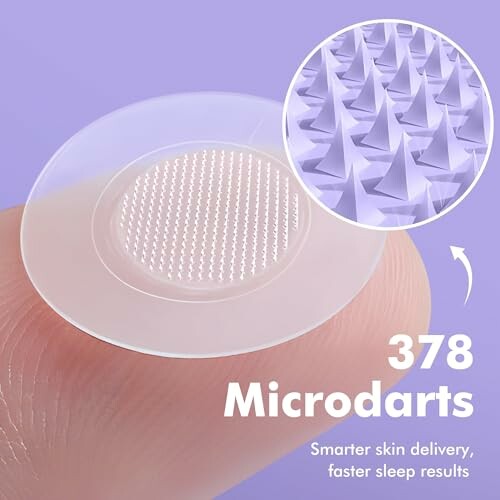Close-up of a skincare patch with 378 microdarts on a fingertip.