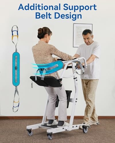 Person using a mobility aid with additional support belt, assisted by another individual.