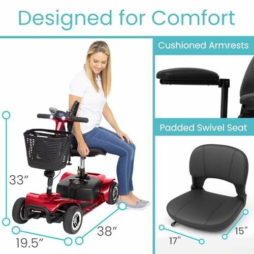 Woman sitting on a red mobility scooter with cushioned armrests and padded swivel seat.
