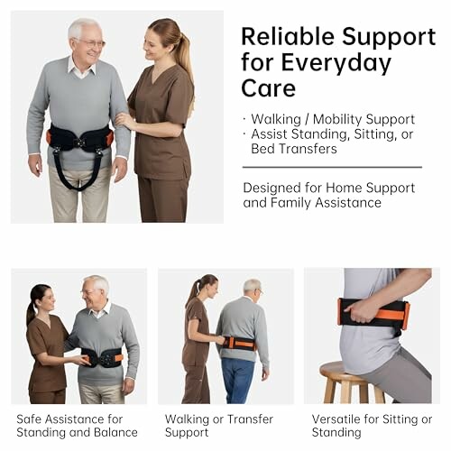 Caregiver assisting elderly man with a mobility support belt.