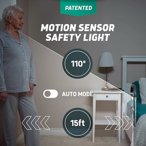 Elderly woman activating a motion sensor safety light in a bedroom.