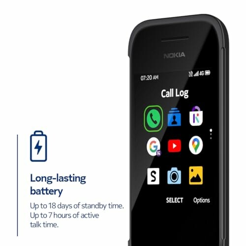 Nokia phone with long-lasting battery and app icons displayed