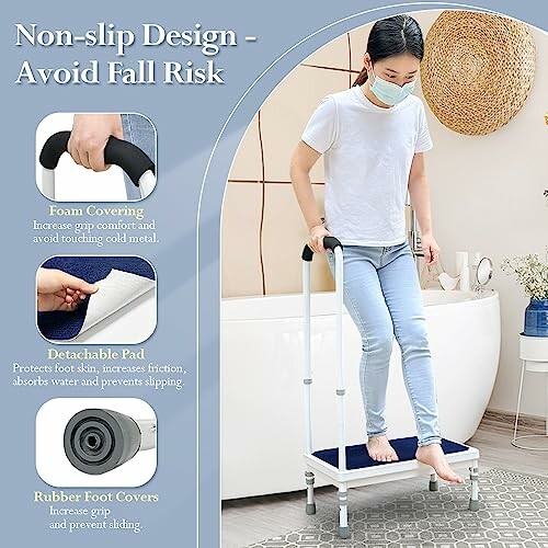 Woman using a non-slip step stool with handles indoors.