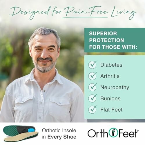 Orthofeet advertisement highlighting benefits for diabetes, arthritis, neuropathy, bunions, and flat feet, showcasing the slipper's suitability for individuals with mobility issues.