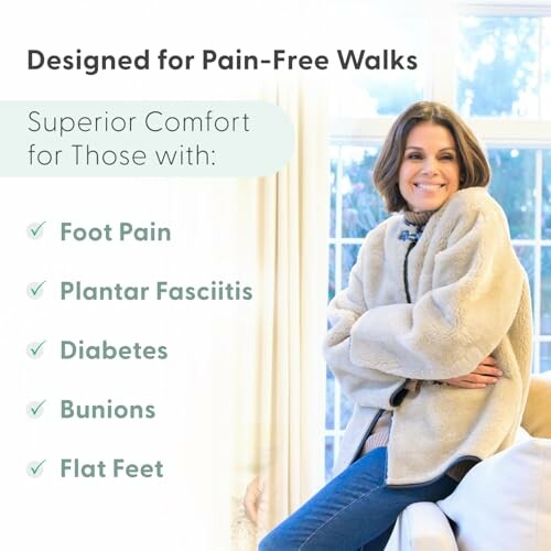 Woman in cozy jacket sitting, highlighting superior comfort for foot pain, plantar fasciitis, diabetes, bunions, flat feet.Orthofeet Women's Orthopedic Faux Fur Lined Charlotte Slippers
