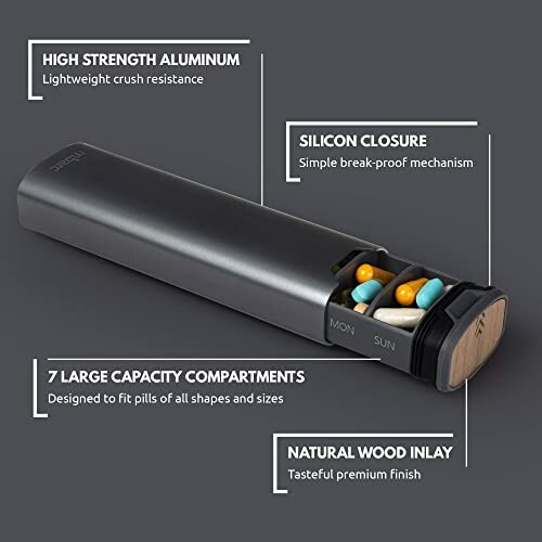 Pill organizer with high strength aluminum, silicon closure, and 7 compartments.