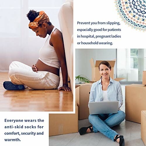 Pregnant woman with anti-skid socks and woman with laptop.