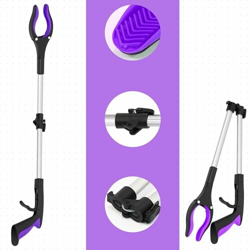 Purple reacher grabber tool with ergonomic handle and foldable design.