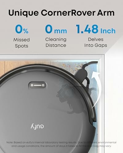 Robot vacuum cleaner with corner arm feature showing cleaning effectiveness.