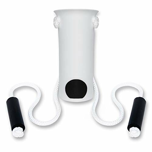 White jump rope with black handles and a unique central holder.