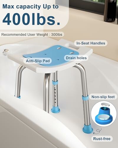 Shower chair with in-seat handles, anti-slip pad, and drain holes.