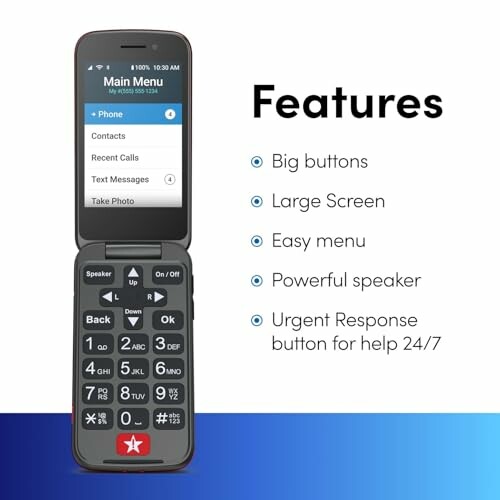 Flip phone with large buttons and screen, highlighting features such as easy menu, powerful speaker, and urgent response button.