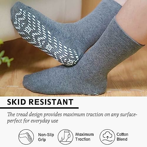 Gray skid-resistant socks with tread design for traction.