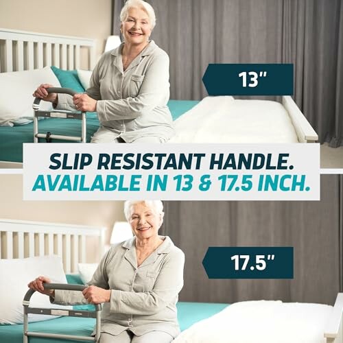 Elderly woman demonstrating slip-resistant bed handle in two sizes, 13 and 17.5 inches.