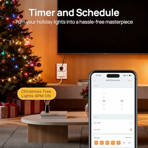 Smart plug controlling Christmas tree lights with timer on smartphone.