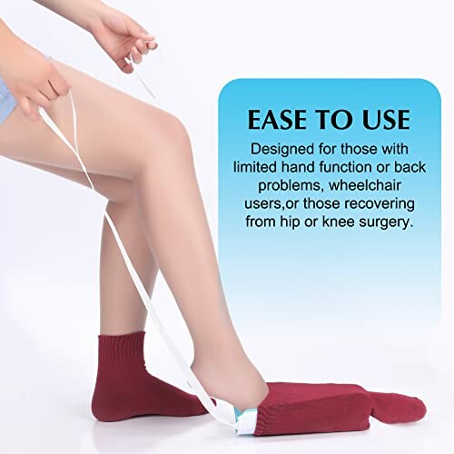 Person using a sock aid device to put on socks, highlighting ease of use for limited hand function or mobility issues.