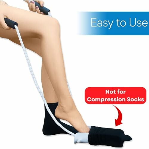 Sock aid tool helping person put on socks easily.