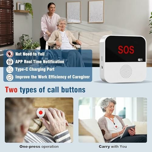 Elderly care SOS alert system with call buttons and caregiver assistance.