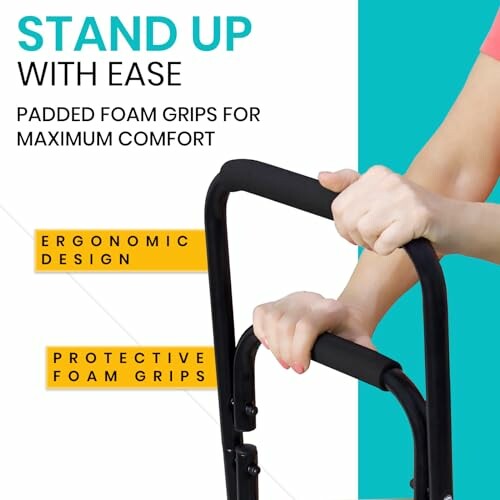 Person using a stand-up assist handle with padded foam grips.