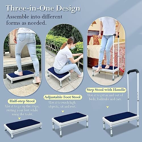 Three-in-One step stool design with half-step, adjustable foot stool, and step stool with handle.
