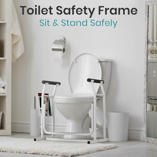Vive Toilet Safety Rail with Arms, a freestanding toilet safety frame with armrests and handles for added support and stability.