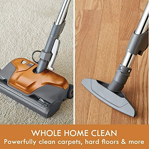 Vacuum cleaner on hardwood and carpet surfaces for whole home cleaning.