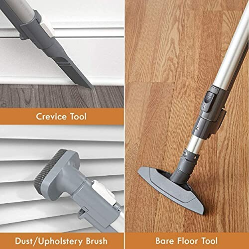 Vacuum cleaner tools including crevice tool, dust brush, and bare floor tool.