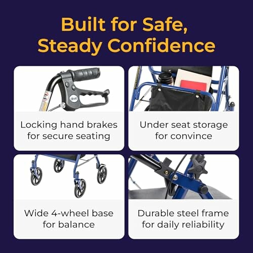 Collage showing features of a mobility walker: locking hand brakes, under seat storage, wide 4-wheel base, durable steel frame.