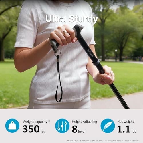 Person holding an ultra sturdy walking stick in a park.