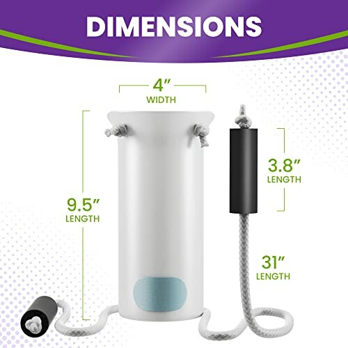 Dimensions of a water filter with 9.5-inch height, 4-inch width, 31-inch rope length, and 3.8-inch handle.
