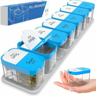 Weekly pill organizer with transparent compartments and blue lids.