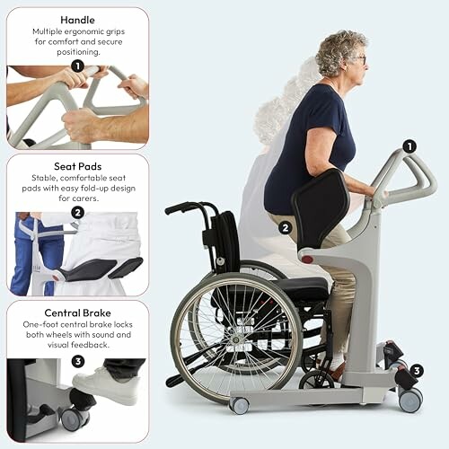 Assistive device for wheelchair mobility with ergonomic handle, seat pads, and central brake.