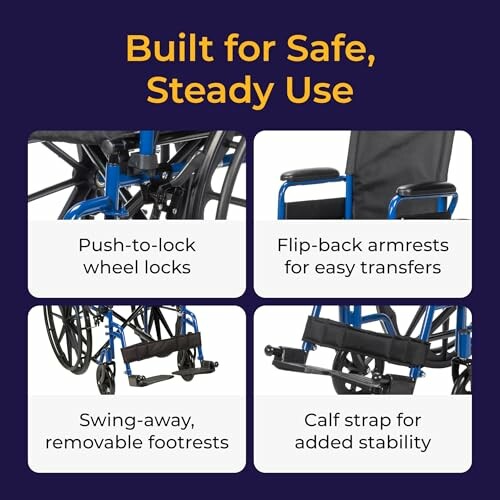 Wheelchair with features: wheel locks, flip-back armrests, removable footrests, calf strap.