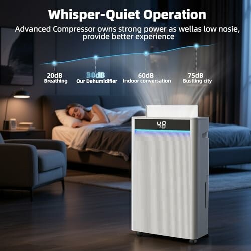 Dehumidifier in bedroom with whisper-quiet operation.