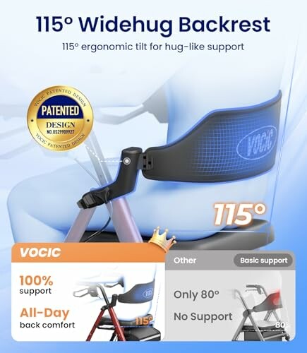 Chair with 115-degree widehug backrest for ergonomic support.