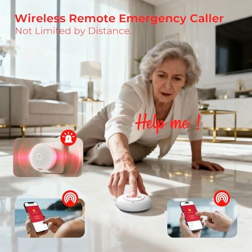 Elderly woman using a wireless remote emergency caller device.