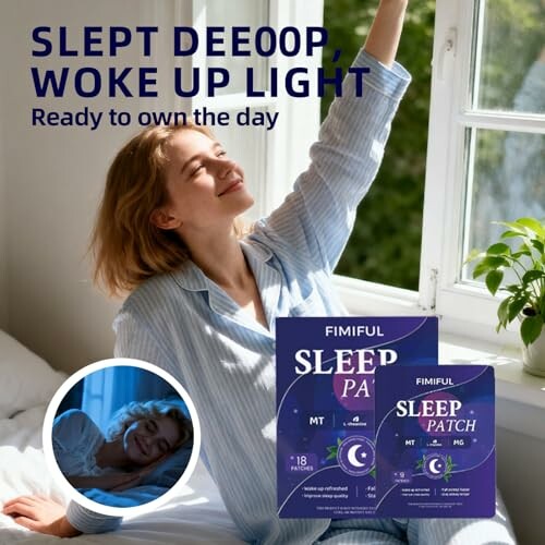 Woman in pajamas stretching with sleep patch product displayed.