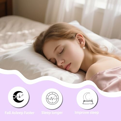 Woman sleeping peacefully on a bed with sleep icons below.